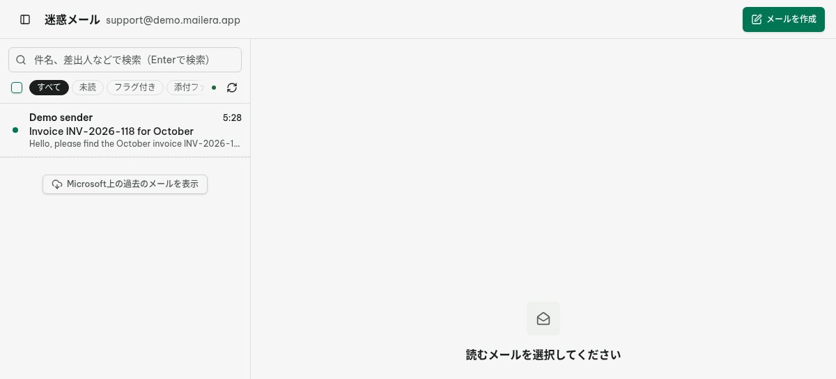 試験用メールボックスの迷惑メールを開き、「迷惑メールではない」で戻す画面