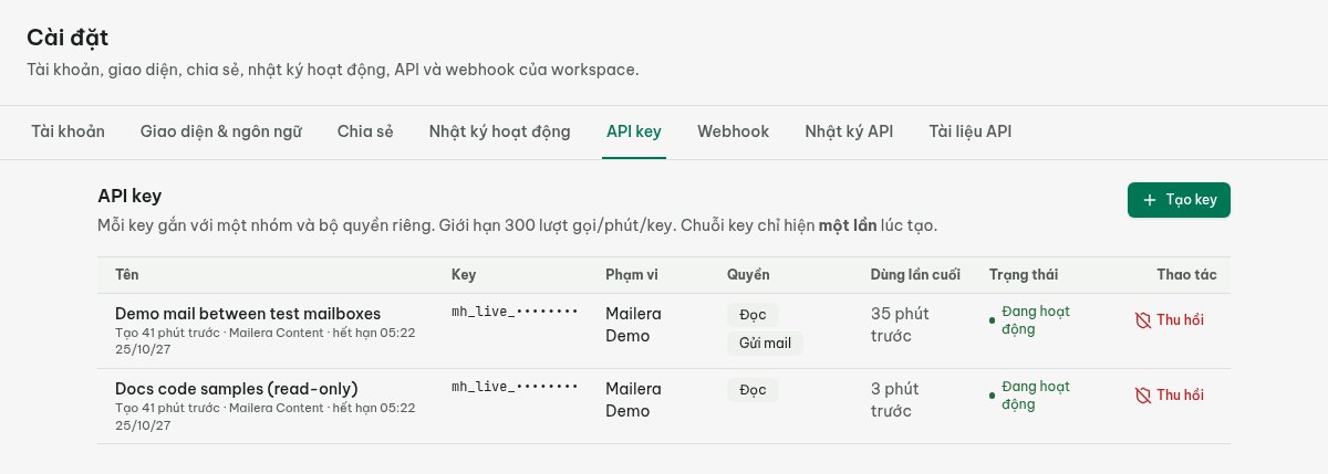 Khoá API thử với quyền read và nút Sao chép cấu hình MCP trong Mailera.