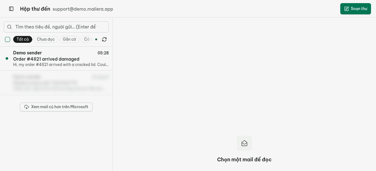 Thư thử được mở trong Hộp thư chung của Mailera, với đúng hộp thư được chọn.