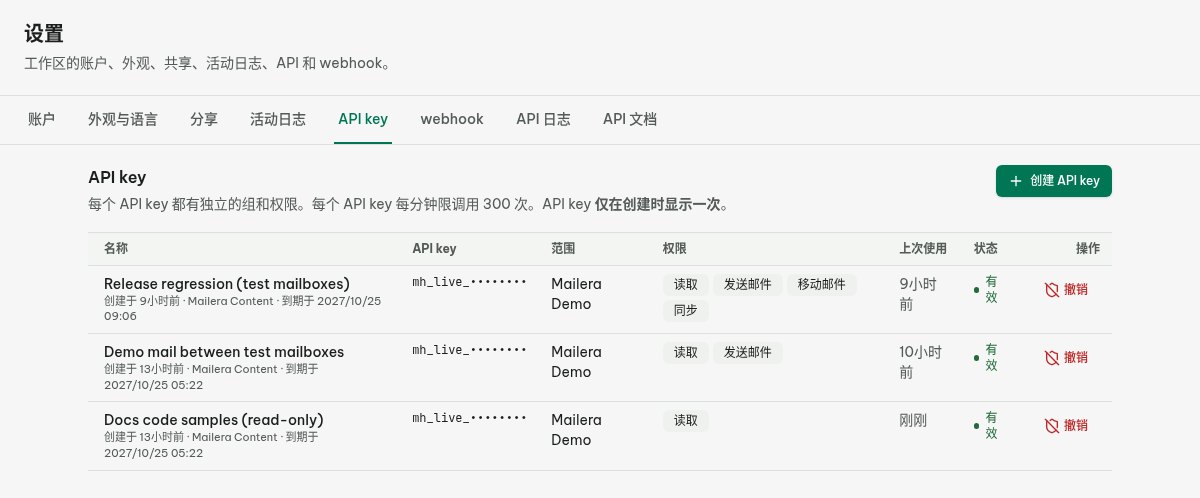 Mailera API 密钥界面中限制测试邮箱分组、授予只读权限并复制 Cursor MCP 配置的入口
