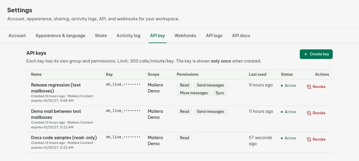 Mailera API key setup restricted to a test mailbox group with Read permission and an expiration.