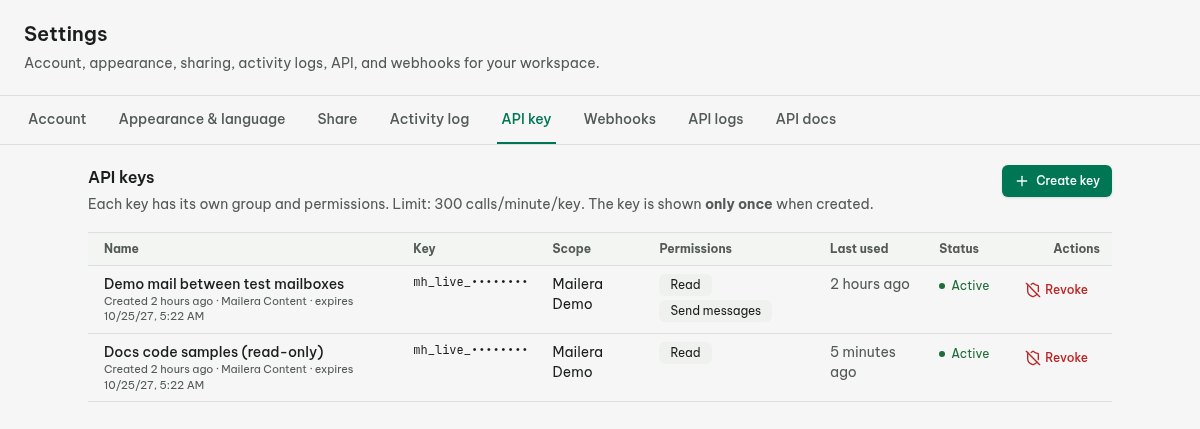 Mailera API key creation with a test mailbox group selected and only Read permission enabled.