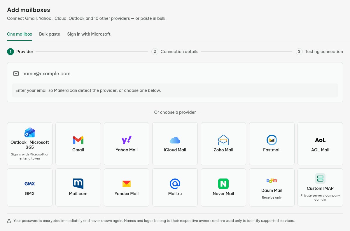Mailera Add mailbox screen showing email entry, provider detection, and manual provider selection.