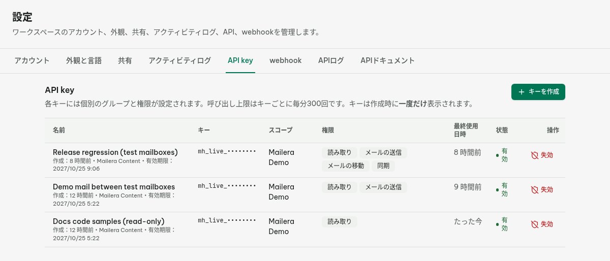 対象グループと読み取り権限に限定した Mailera の API キー設定