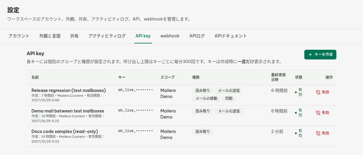 対象グループと読み取り権限を限定した Mailera API キーの設定