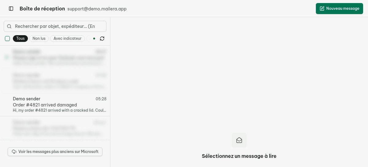 Boîte de réception unifiée de Mailera regroupant les messages de plusieurs boîtes email.