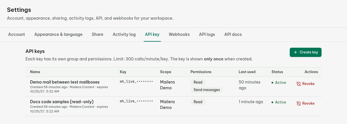 Mailera API key settings showing scope selection and the Copy MCP config control, with secrets hidden.