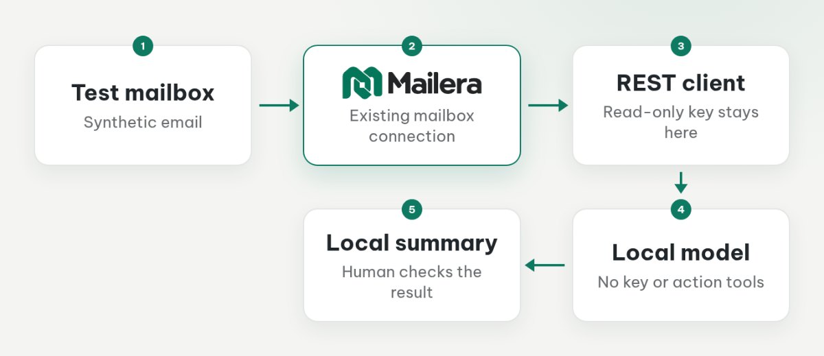 An existing test mailbox feeds Mailera, a read-only REST client, a local model without action tools, and a local summary.