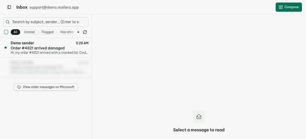 A harmless test message opened in Mailera with its mailbox and folder visible.