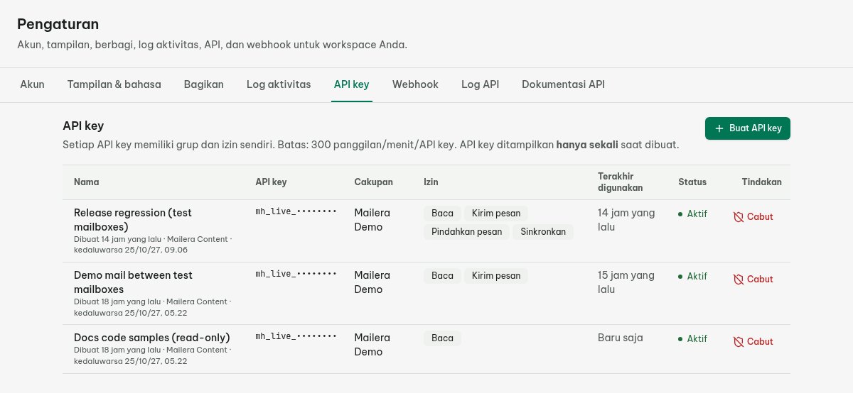 Pengaturan kunci API Mailera yang dibatasi ke grup kotak surat pengujian dengan izin baca.