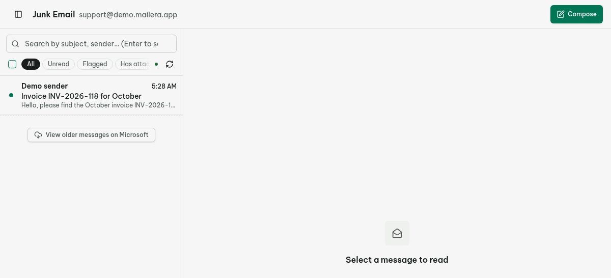 A message in a test mailbox's Junk folder with the Not spam action available for manual recovery.