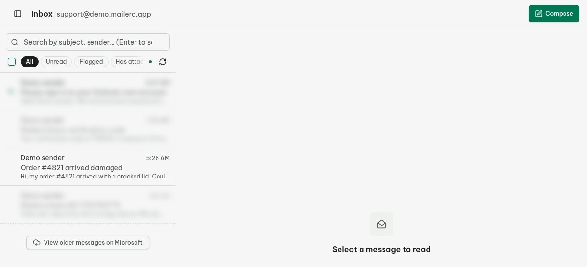Mailera Unified inbox showing test messages from separate mailboxes and the selected message's source account.