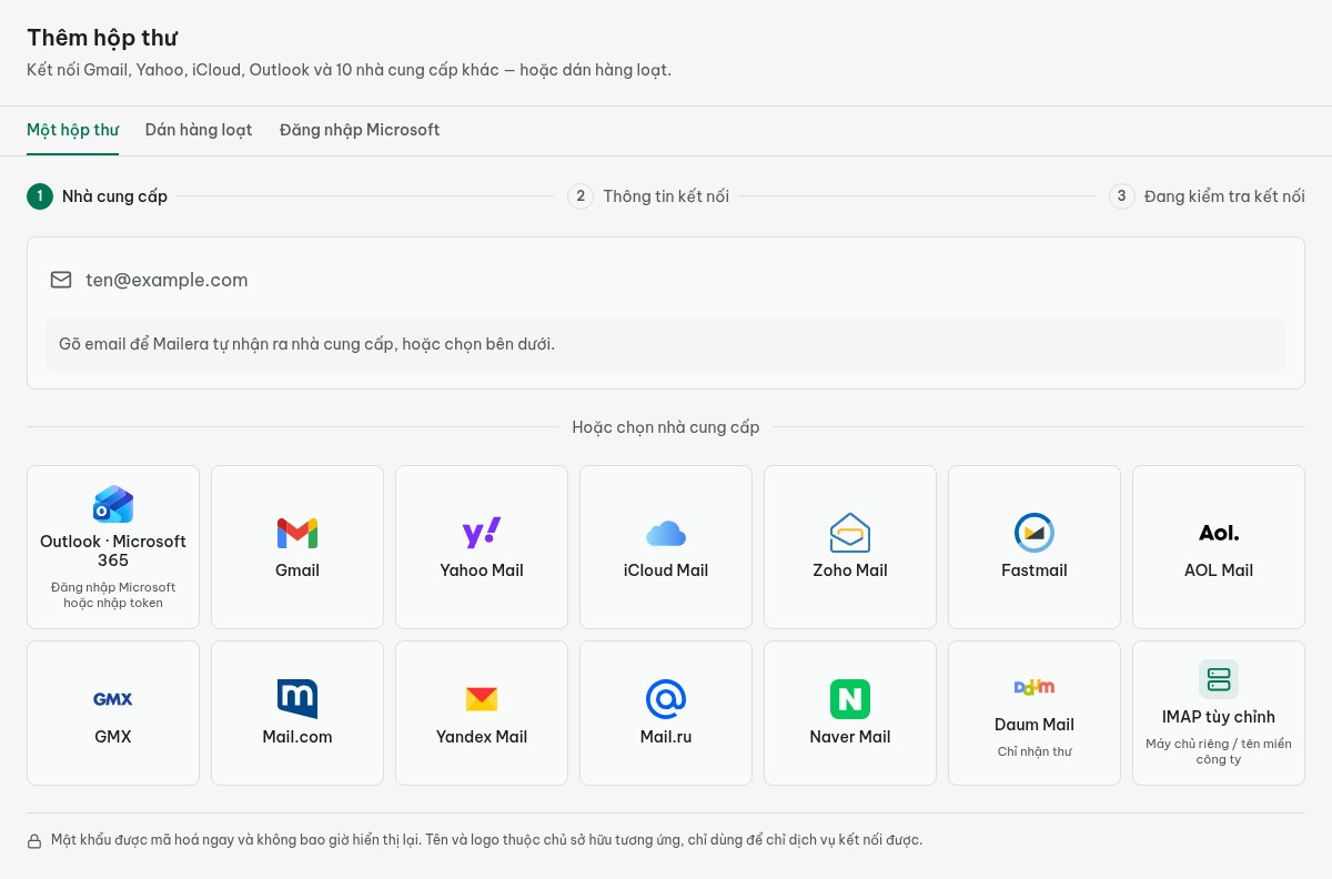Trang Thêm hộp thư với trường Địa chỉ email và lựa chọn nhà cung cấp trong Mailera.
