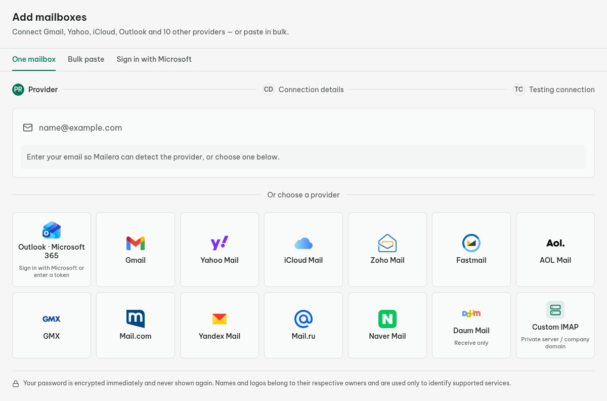 Mailera Add mailbox screen with provider detection and a separate Sign in with Microsoft option.