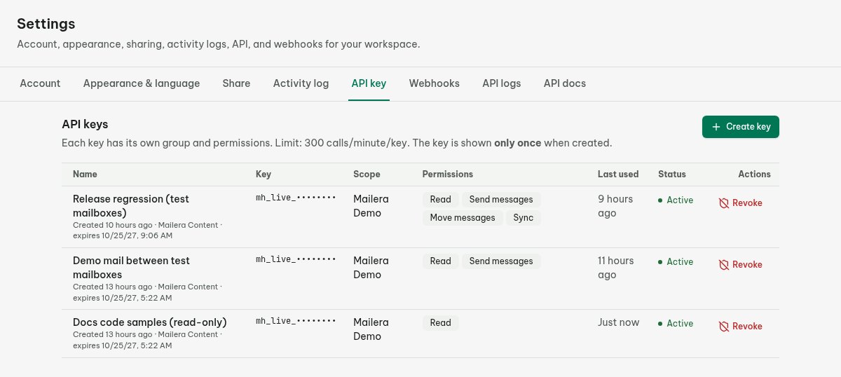Mailera API-key settings with one mailbox group and Read permission selected for an agent.