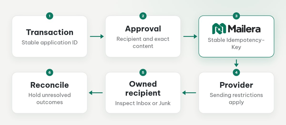 An approved transaction flows through Mailera and the provider, with separate checks for send status and recipient placement.