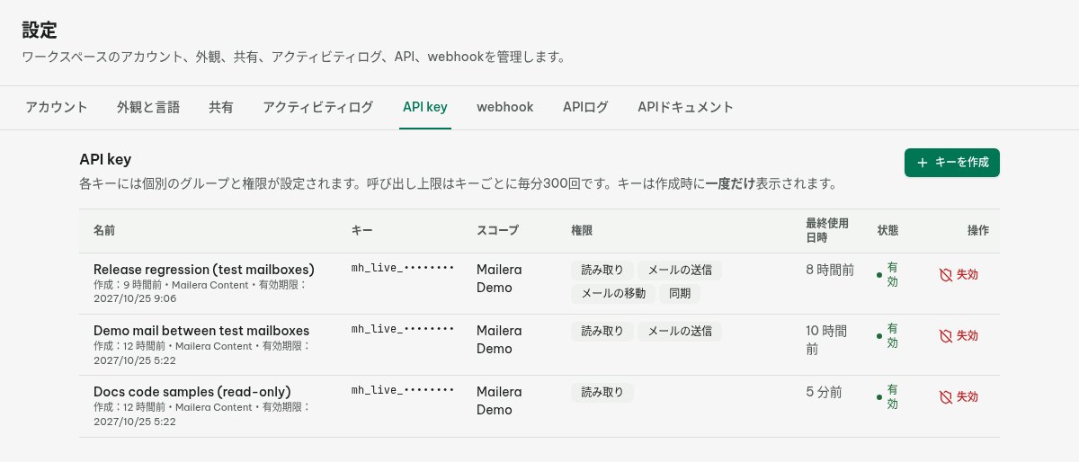 対象グループと読み取り権限に限定した Mailera の API キー設定