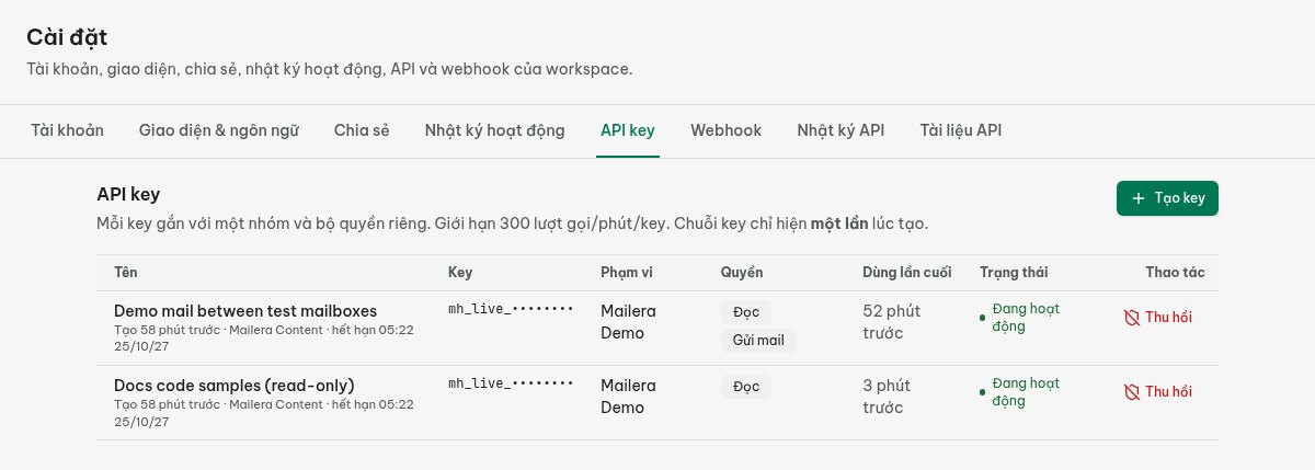 Cài đặt khoá API Mailera với quyền đọc, phạm vi hộp thư và nút sao chép cấu hình MCP.